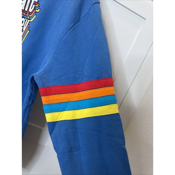 Walt Disney World Retro Blue Crewneck Rainbow Sweatshirt front pockets SIZE Med - Picture 7 of 14